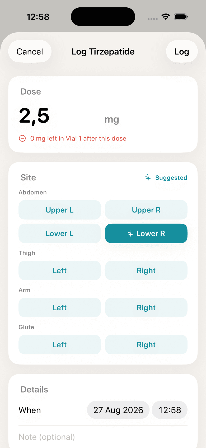ShotDay Log dose sheet: dose amount, suggested injection site on a site grid, date and time.