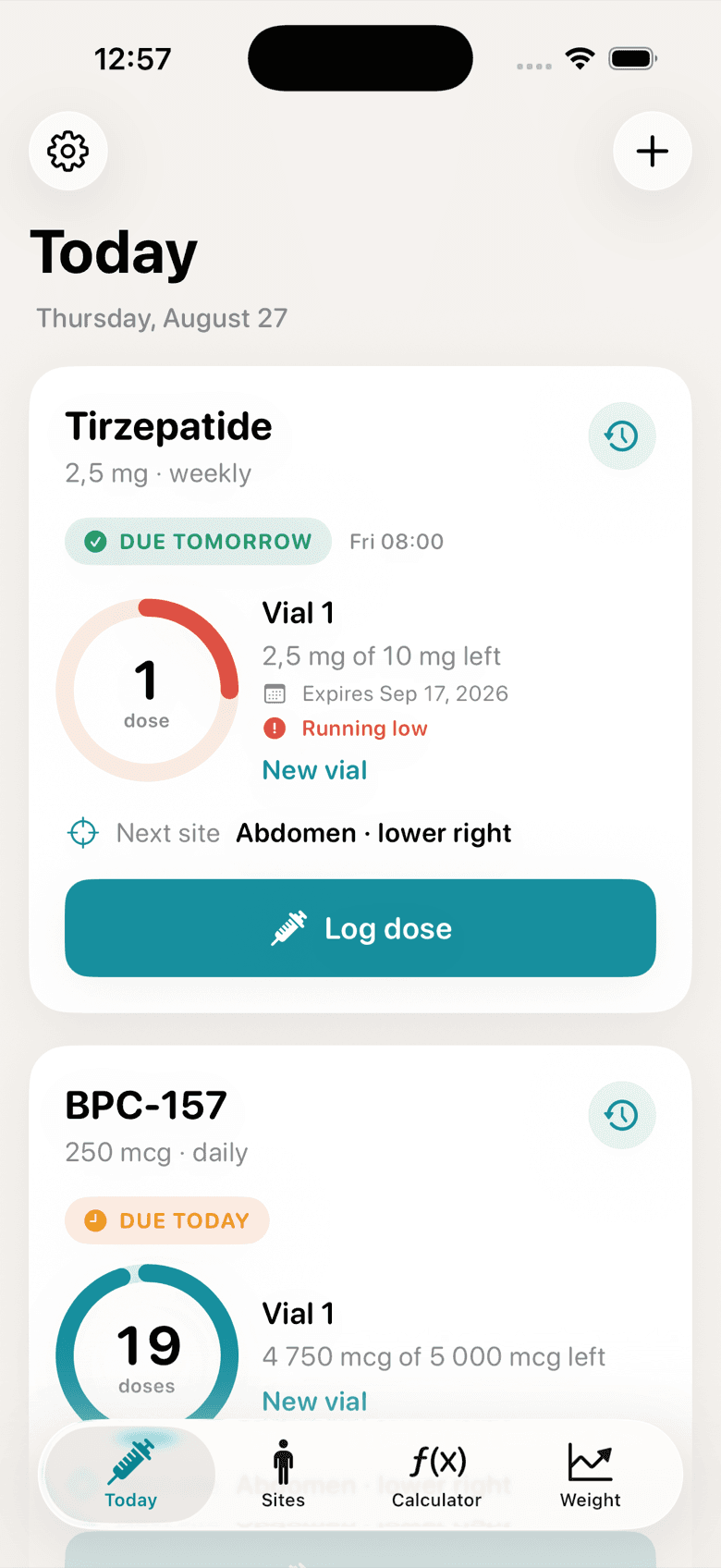 ShotDay Today screen: two medications with their next dose, vial level and next injection site.